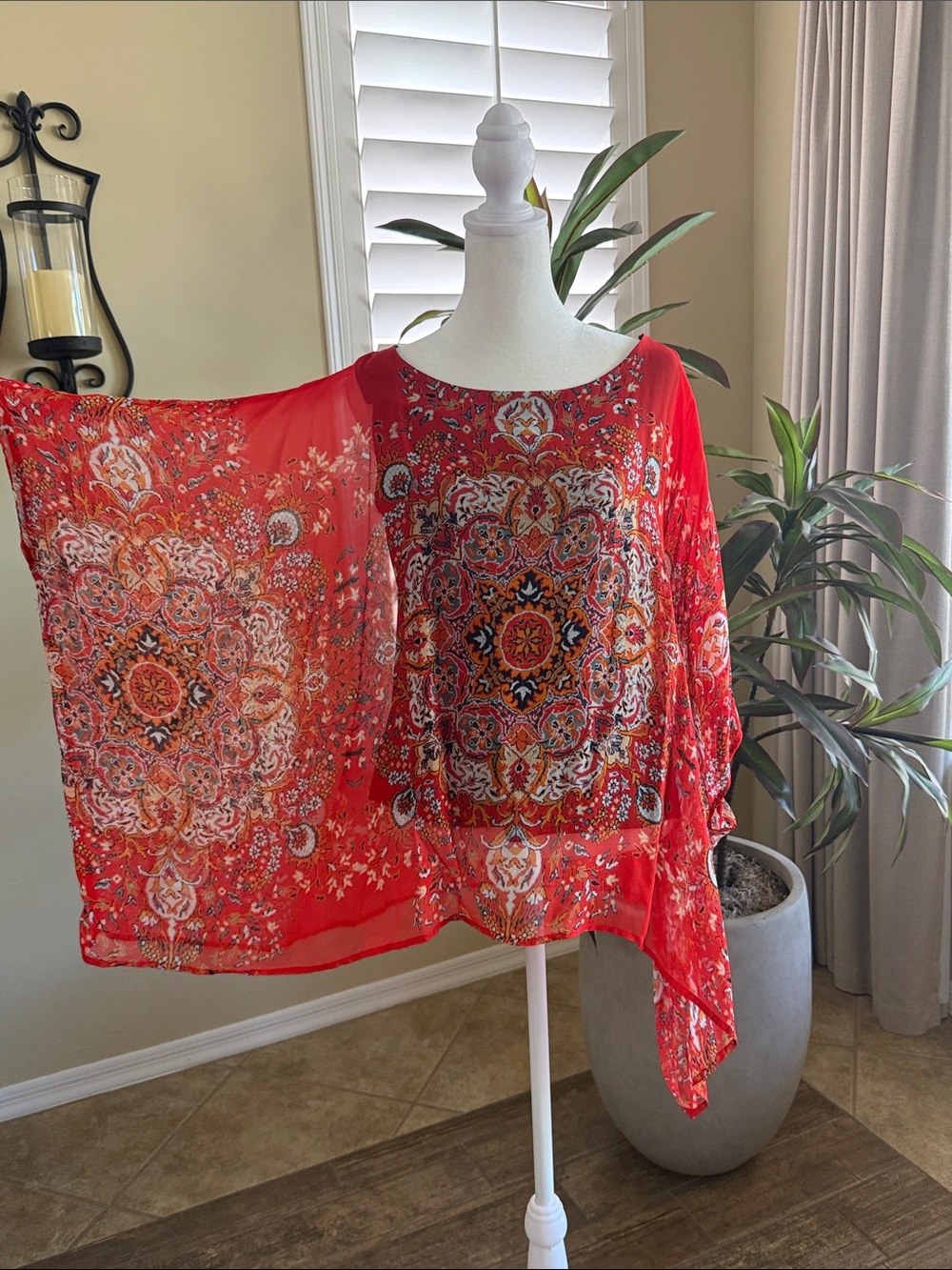 Karen Kane Orange Sheer Bohemian-Print Women's Tunic Top